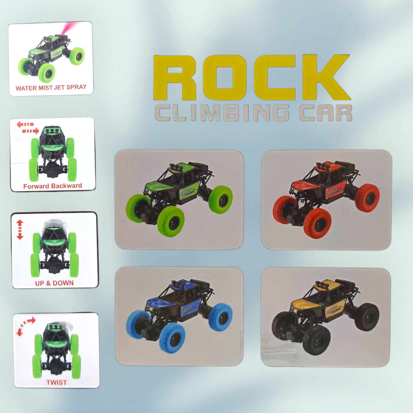 Rechargeable Remote Control Rock Crawler with Spray Function | 45° Climbing High Speed RC Car Toy for Kids, Power Source: Lithium Battery for Car (Included)