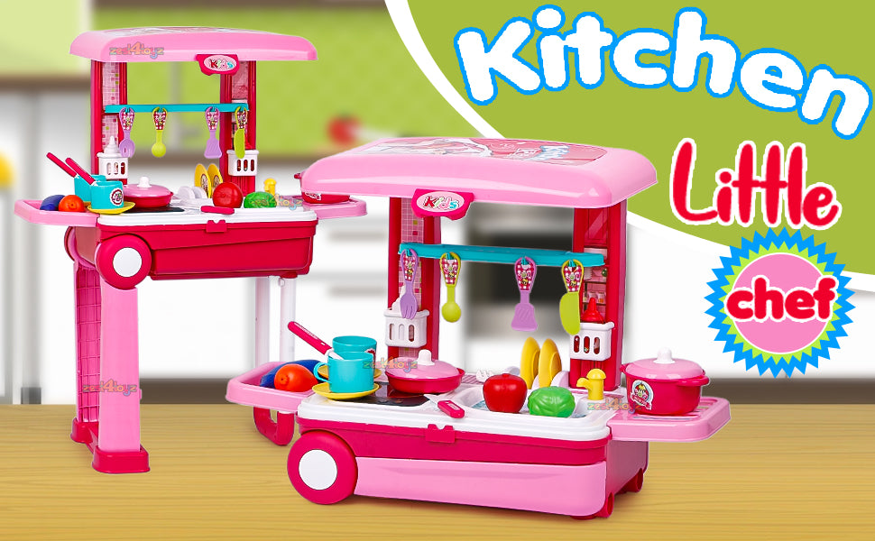 Kitchen Set for Kids Girls Big Cooking Set Light and Sound Portable Trolley Pretend Play Toys Battery Operated