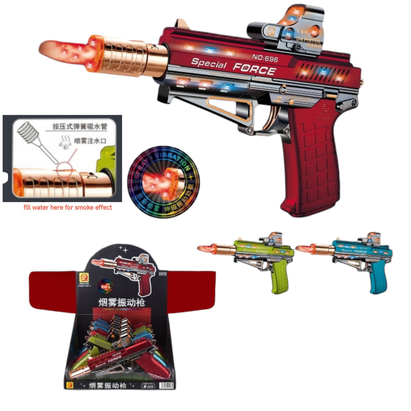 Musical Smoke Gun With Moving Top Loader and smoke Telescopic Barrel And Target Projection Effect - vibrating gun with lights and music gift for boys and girls