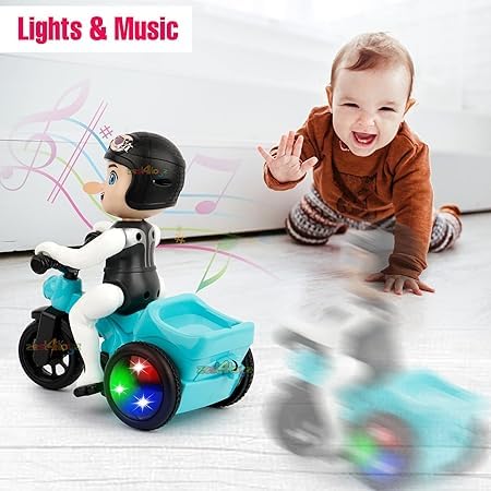 Stunt Tricycle Bump & Go 360 Degree Rotating Spot Stunt Tricycle Dancing Motorcycle Toy with Flashing Light & Sound Musical Bicycle Toys for Kids (Pack of 1) Multicolor