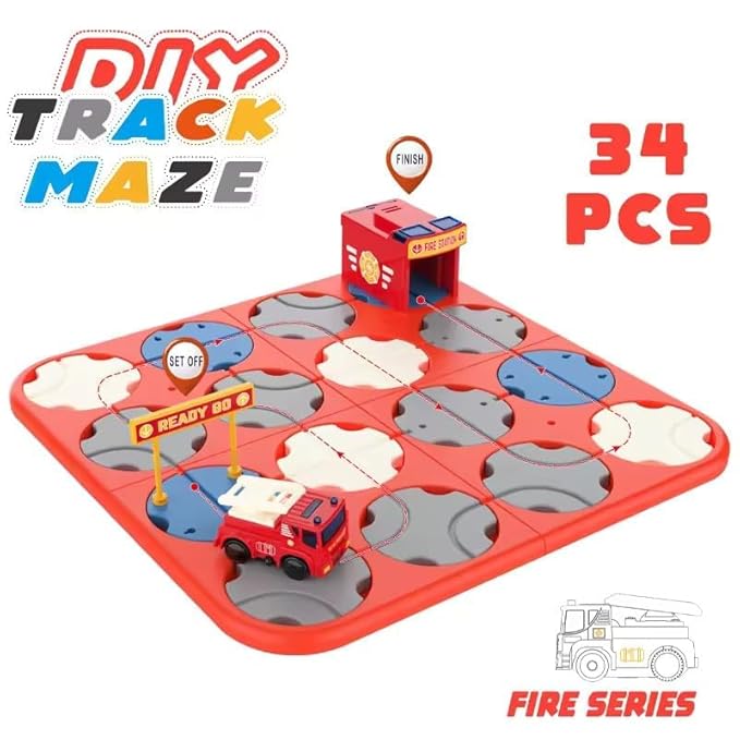 DIY Track Maze Race Car Building Block Educational Toy Set with 1 Light Up Car - Fire Truck Theme, STEM Learning Construction, Suitable for Kids | Toys for Boys and Girls