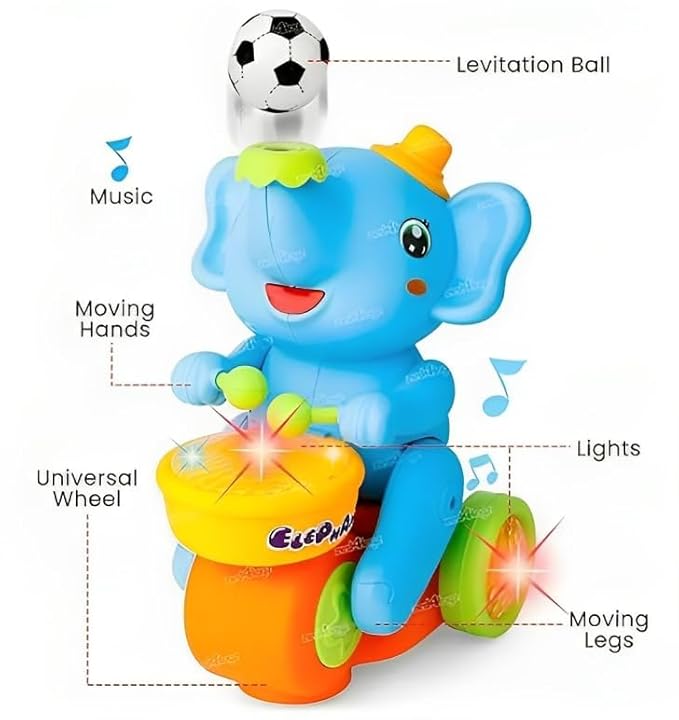 Elephant Musician Toy,with Levitation Ball on Nose Along with Dazzling Light Drum Sound Music and Elephant Sound for Baby Toys