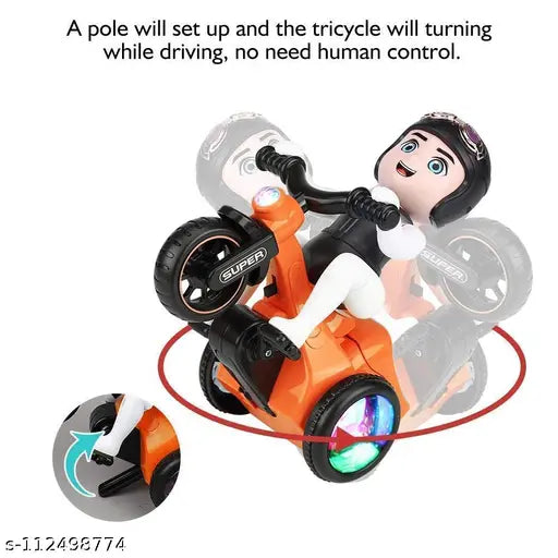 Stunt Tricycle Bump & Go 360 Degree Rotating Spot Stunt Tricycle Dancing Motorcycle Toy with Flashing Light & Sound Musical Bicycle Toys for Kids (Pack of 1) Multicolor