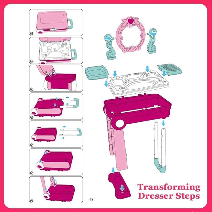 Beauty Makeup Kit for Doll Girls Cosmetic Set 2 in 1 Vanity Table Portable Trolley Pretend Play Set Toy with Make up Accessories for Kids Plastic (Pink)