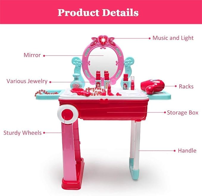 Beauty Makeup Kit for Doll Girls Cosmetic Set 2 in 1 Vanity Table Portable Trolley Pretend Play Set Toy with Make up Accessories for Kids Plastic (Pink)