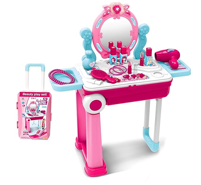 Beauty Makeup Kit for Doll Girls Cosmetic Set 2 in 1 Vanity Table Portable Trolley Pretend Play Set Toy with Make up Accessories for Kids Plastic (Pink)