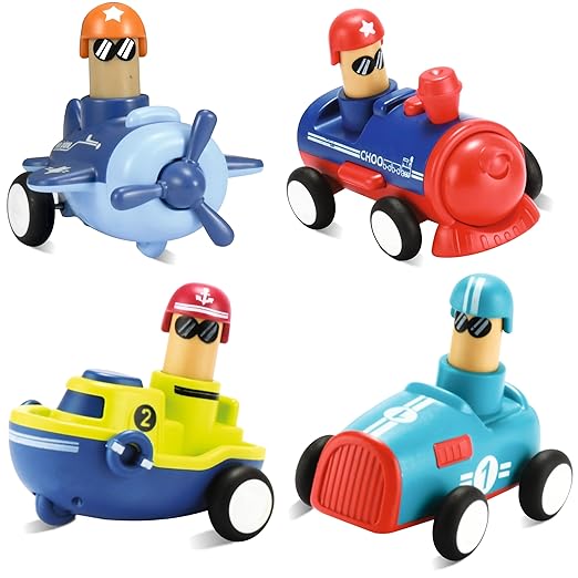 Pack of 4 Press and Go Toys, Friction Powered Vehicle Set, Very Durable Toys - Push Toys for Boys, Press and Go car Toys are Gifts for Babies, Toddlers, Boys, Girls