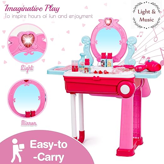 Beauty Makeup Kit for Doll Girls Cosmetic Set 2 in 1 Vanity Table Portable Trolley Pretend Play Set Toy with Make up Accessories for Kids Plastic (Pink)