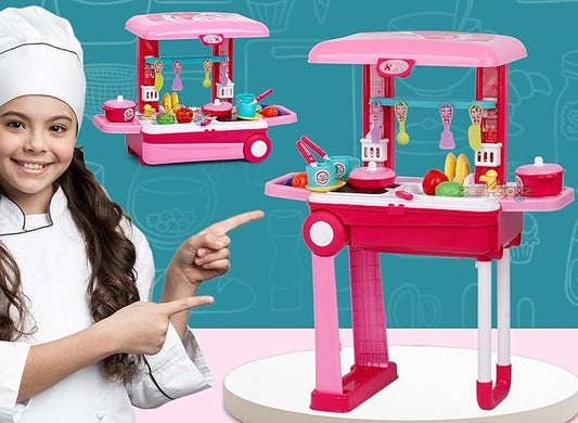 Kitchen Set for Kids Girls Big Cooking Set Light and Sound Portable Trolley Pretend Play Toys Battery Operated