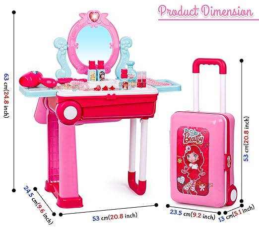 Beauty Makeup Kit for Doll Girls Cosmetic Set 2 in 1 Vanity Table Portable Trolley Pretend Play Set Toy with Make up Accessories for Kids Plastic (Pink)