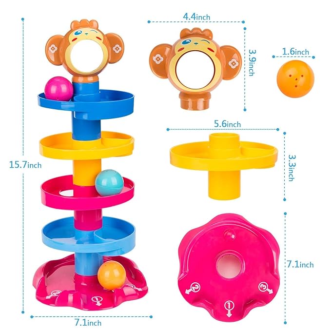 Asmartee Roll Ball Toy with 5 Layer Ball Drop Tower with Roll Swirling Ramps with 3 Spinning Acrylic Activity Balls for Baby and Toddler Development Educational Development Toy Set