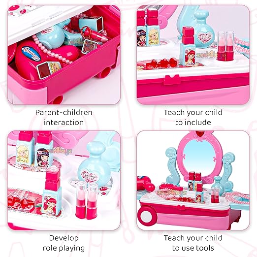 Beauty Makeup Kit for Doll Girls Cosmetic Set 2 in 1 Vanity Table Portable Trolley Pretend Play Set Toy with Make up Accessories for Kids Plastic (Pink)