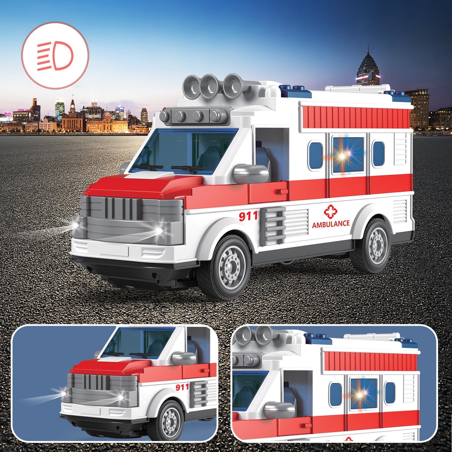 Remote Control Ambulance, High Quality durable 2.4G RC Play Ambulance Car Toy 4 Channel Electric Ambulance Vehicles Emergency Rescue Cars with Lights, Opening