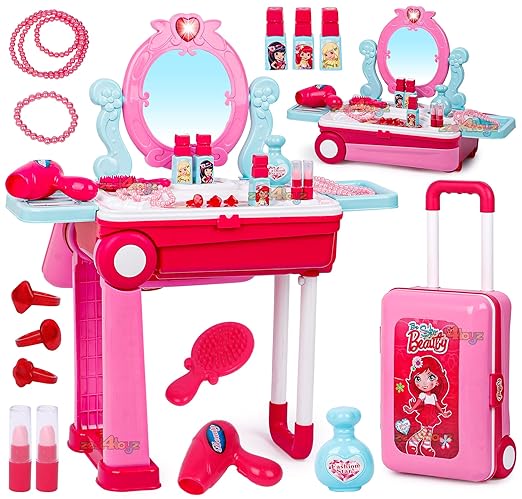 Beauty Makeup Kit for Doll Girls Cosmetic Set 2 in 1 Vanity Table Portable Trolley Pretend Play Set Toy with Make up Accessories for Kids Plastic (Pink)