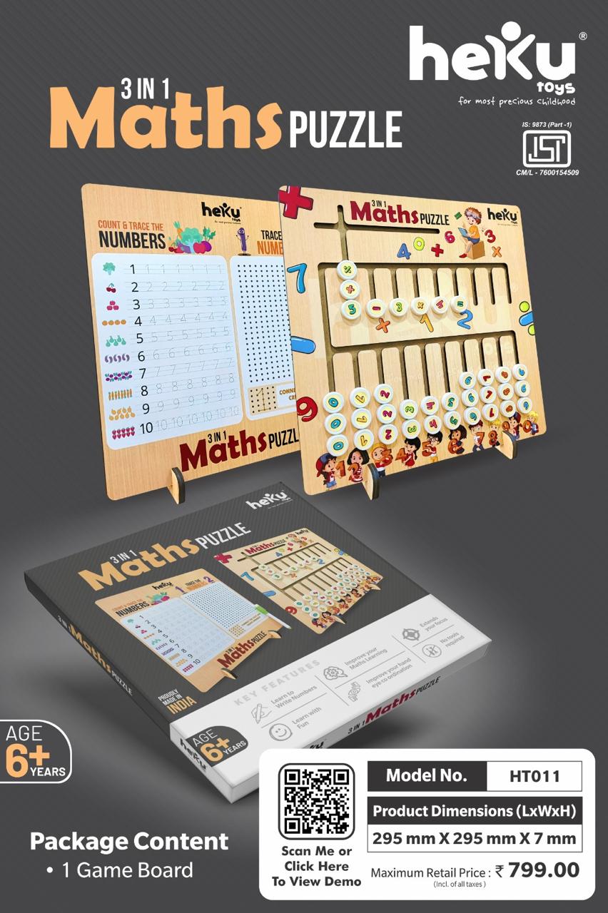 3-in-1 Wooden Math Puzzle Game Educational Board Game for Kids 3+ Years