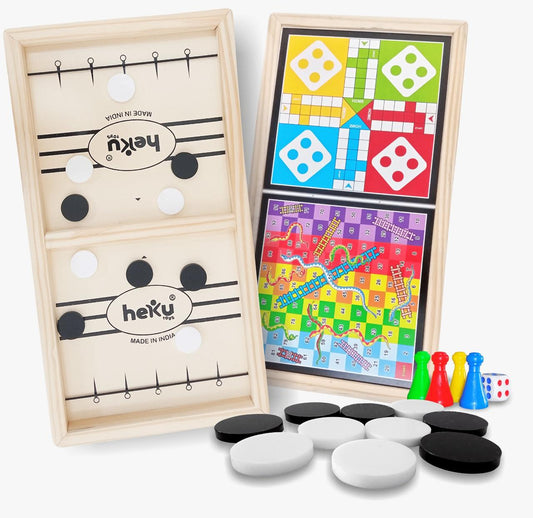 Wooden Pluck Striker Board Game with Ludo and Snakes & Ladders