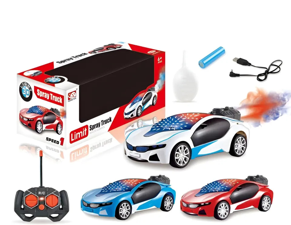 REMOTE CONTROL 3D SMOKE CAR WITH CHARGER BEST GIFT FOR BOYS AND GIRLS ,REMOTE CAR WITH SMOKE FEATURE , WITH WATER FILLER , AND CHARGER ,