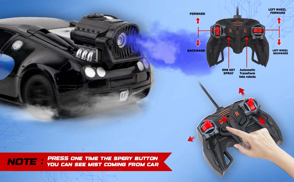 Toyz Robot Remote Control Transform Car with Spray LED Light Radio Control & Mist Smoke Effects Sport Racing Vehicle Suitable for 3+ Kids Multicolor