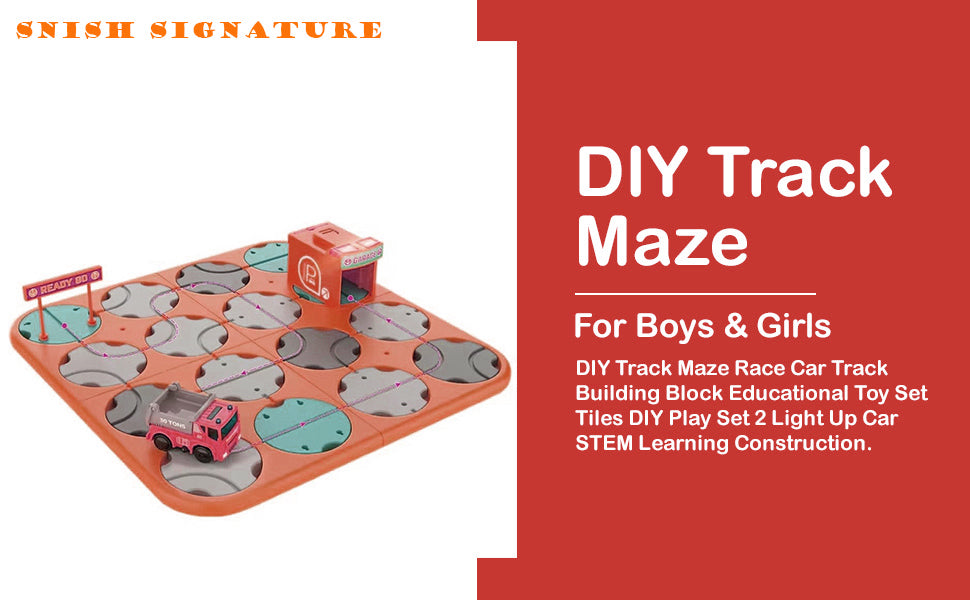 DIY Track Maze Race Car Building Block Educational Toy Set with 1 Light Up Car - Fire Truck Theme, STEM Learning Construction, Suitable for Kids | Toys for Boys and Girls