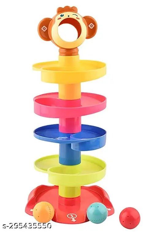 Asmartee Roll Ball Toy with 5 Layer Ball Drop Tower with Roll Swirling Ramps with 3 Spinning Acrylic Activity Balls for Baby and Toddler Development Educational Development Toy Set