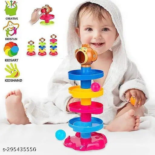 Asmartee Roll Ball Toy with 5 Layer Ball Drop Tower with Roll Swirling Ramps with 3 Spinning Acrylic Activity Balls for Baby and Toddler Development Educational Development Toy Set